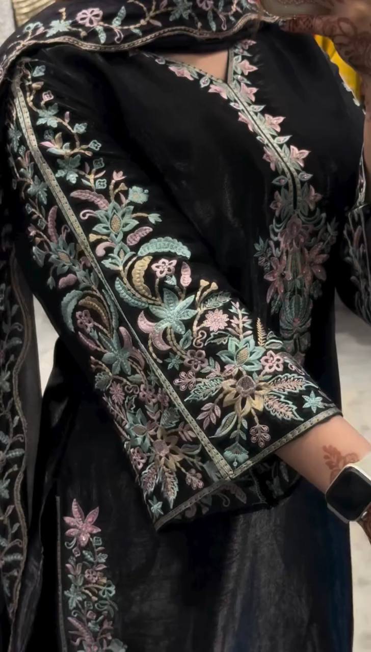 Deep Obsidian Floral-Embroidered Couture